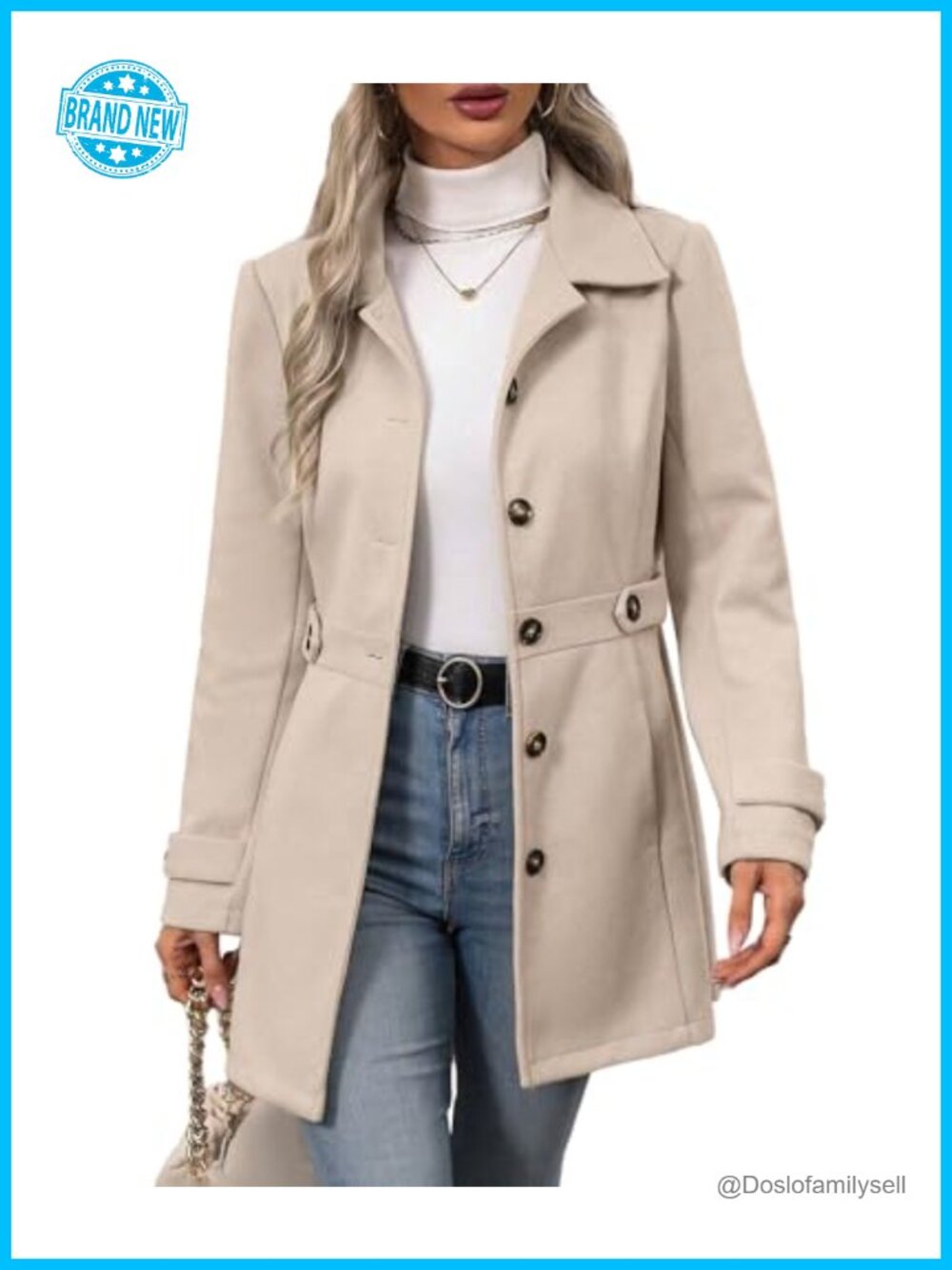 Women's Slim Fit Wool Blend Pea Coat Button Front Mid Thigh Winter